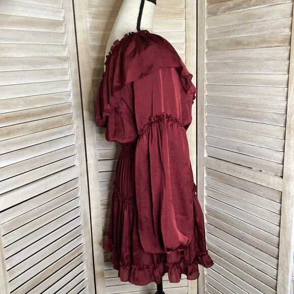Misa Los Angeles Lucien Burgundy Satin One Sleeve Tiered Mini Dress M - Picture 5 of 11
